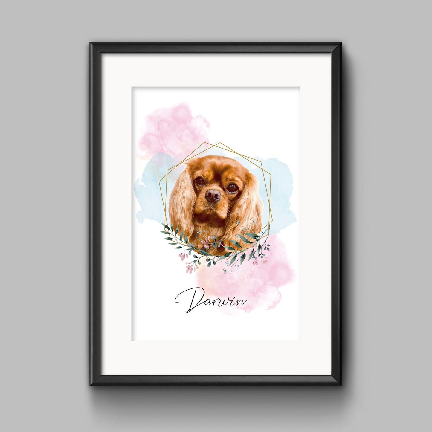Haustierportrait mit floralen Elementen und Namenspersonalisierung im Watercolor Stil | Poster, Illustration, Watercolor