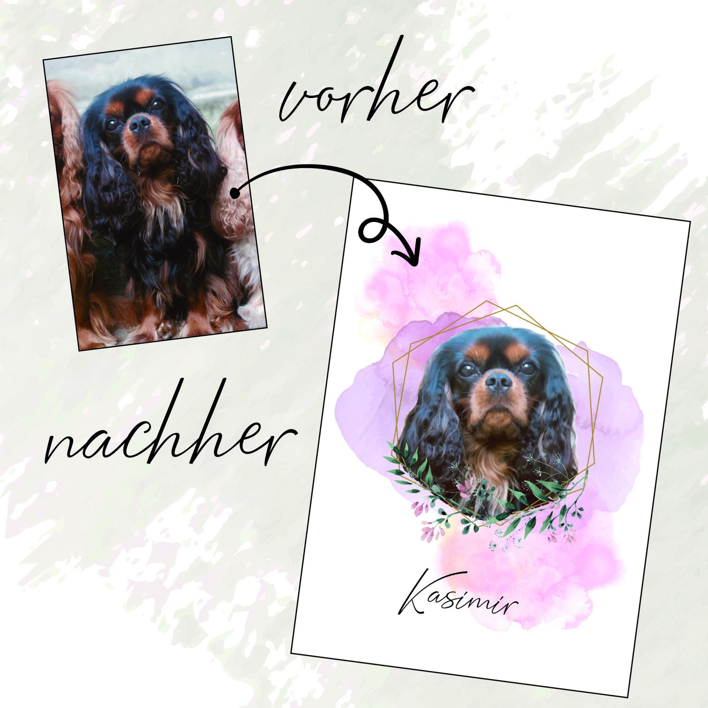 Haustierportrait mit floralen Elementen und Namenspersonalisierung im Watercolor Stil | Poster, Illustration, Watercolor