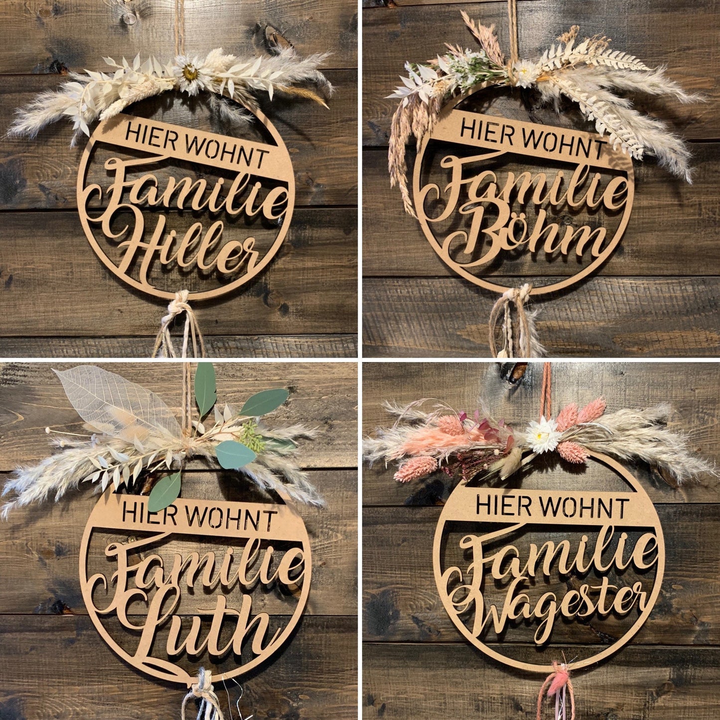 Türkranz, Fensterkranz, Familienschild, Türschild, Holzschild rund, personalisiert mit Trockenblumen dekoriert, Frühling