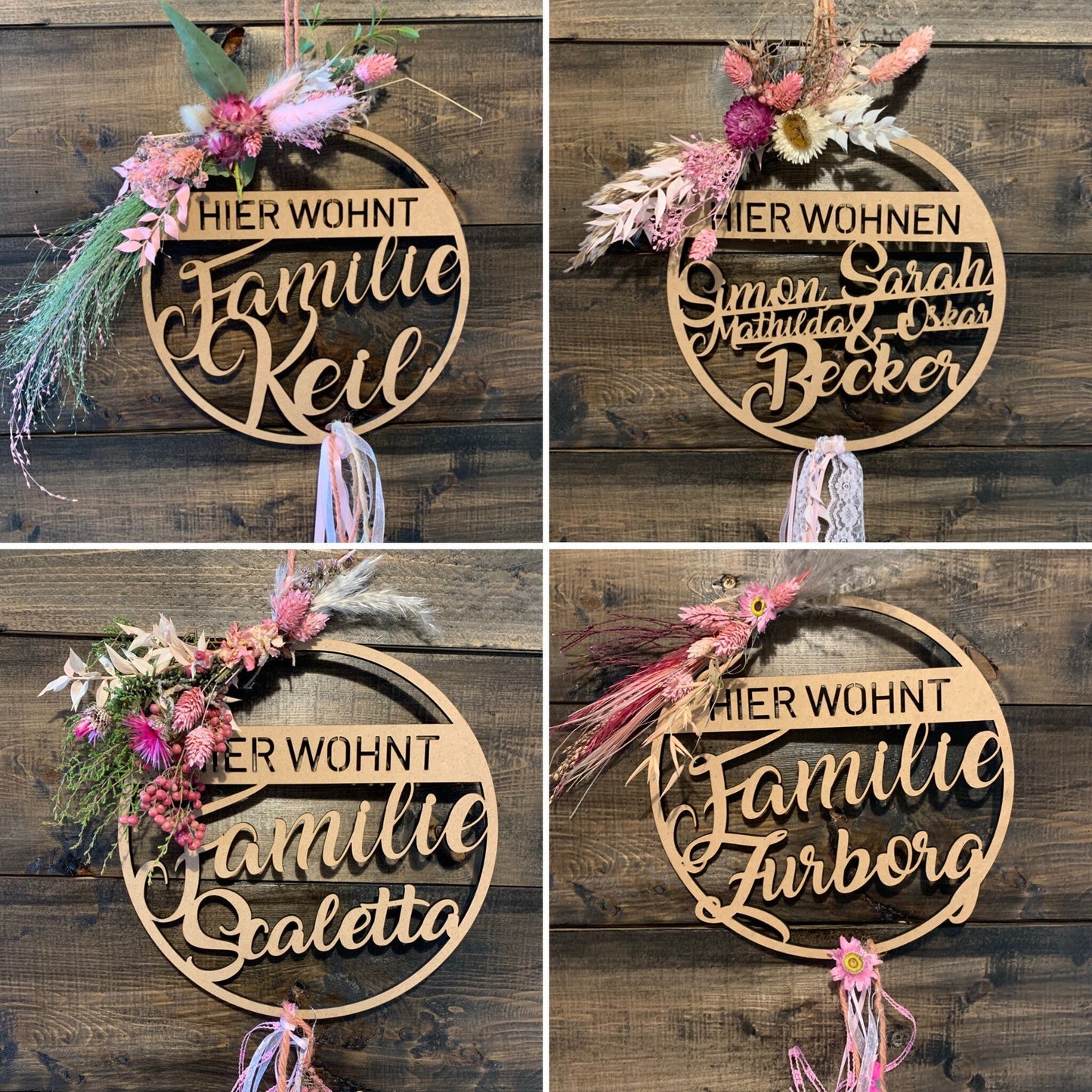 Türkranz, Fensterkranz, Familienschild, Türschild, Holzschild rund, personalisiert mit Trockenblumen dekoriert, Frühling