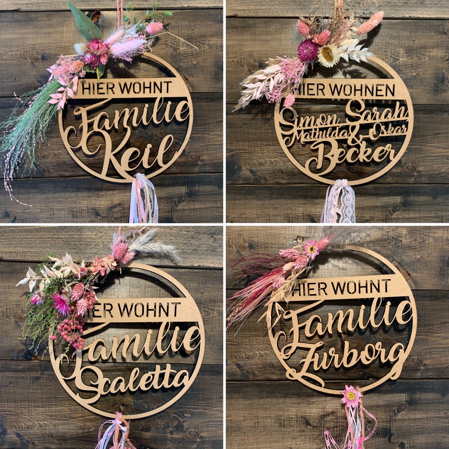Türkranz, Fensterkranz, Familienschild, Türschild, Holzschild rund, personalisiert mit Trockenblumen dekoriert, Frühling