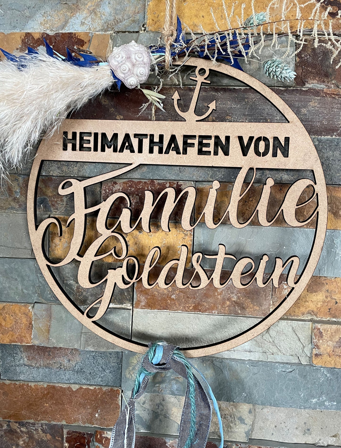 Heimathafen Türkranz, Familie, Trockenblumenkranz, Familienschild, Türschild, personalisiert