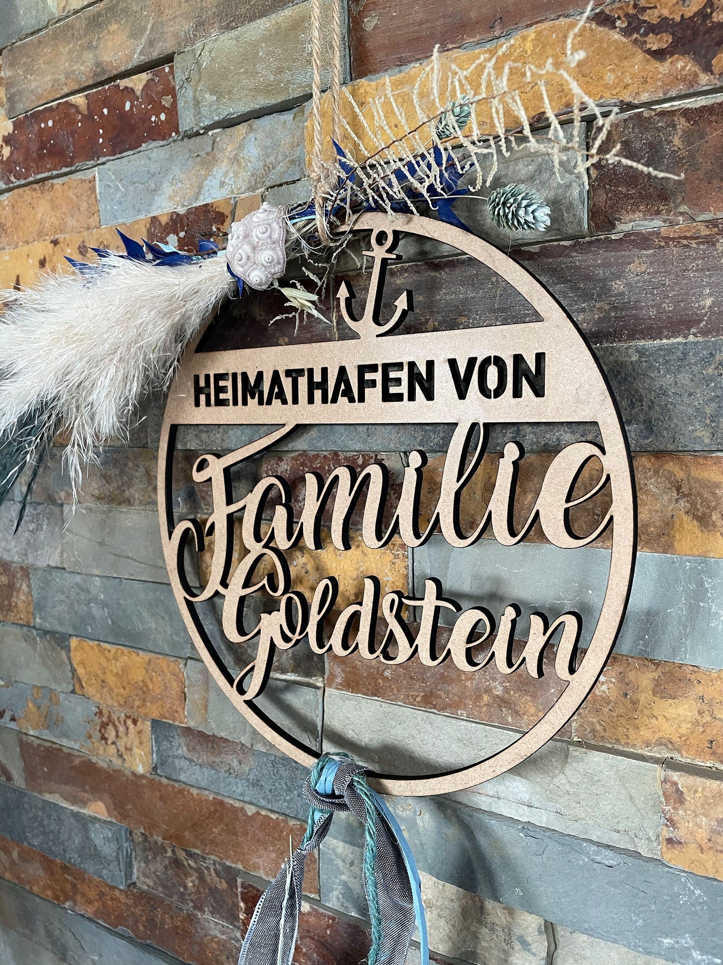 Heimathafen Türkranz, Familie, Trockenblumenkranz, Familienschild, Türschild, personalisiert