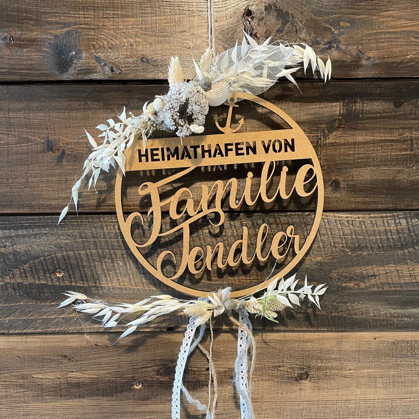 Heimathafen Türkranz, Familie, Trockenblumenkranz, Familienschild, Türschild, personalisiert