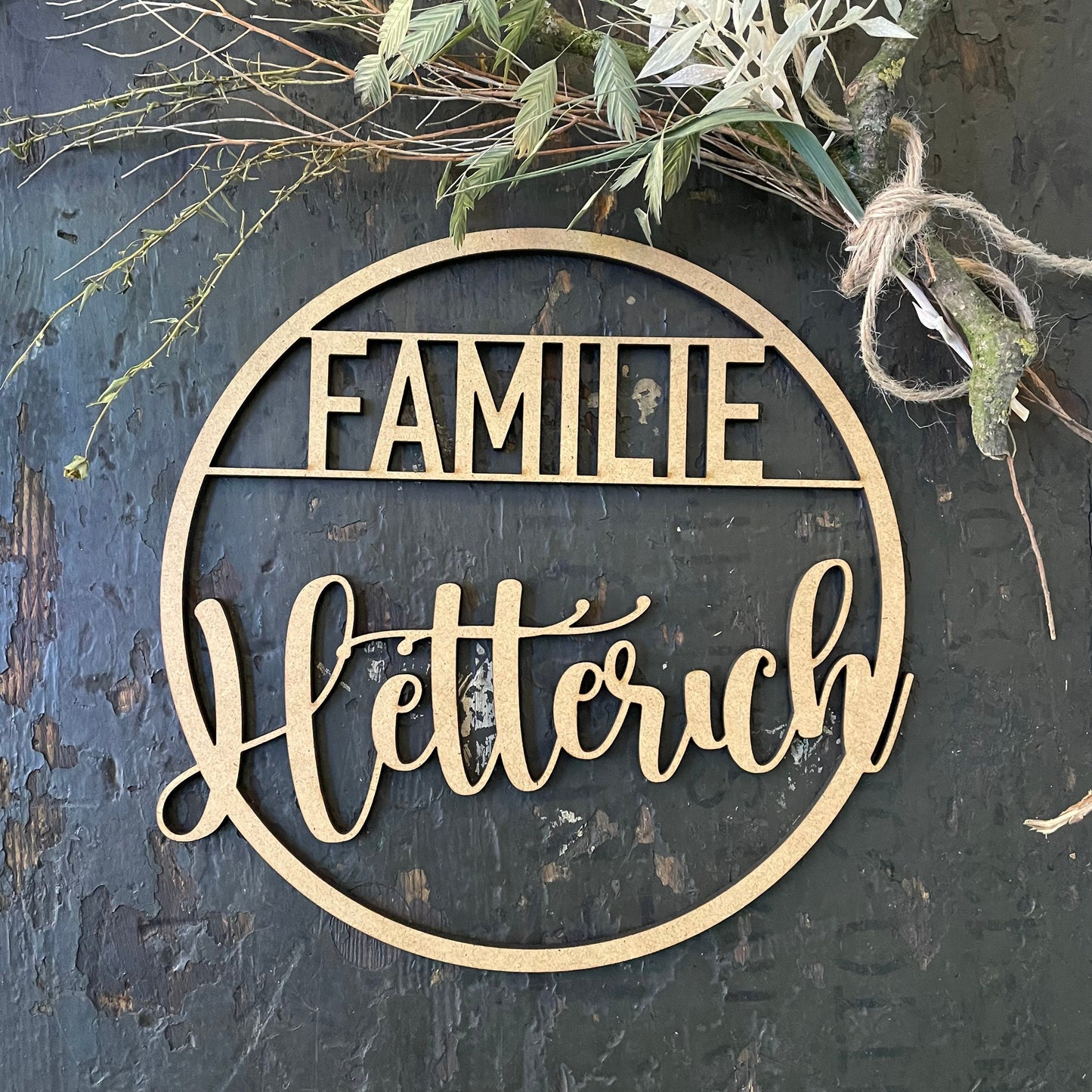 Türkranz, Fensterkranz, Familienschild, Familienname, rundes Türschild, Holzschild, personalisiert