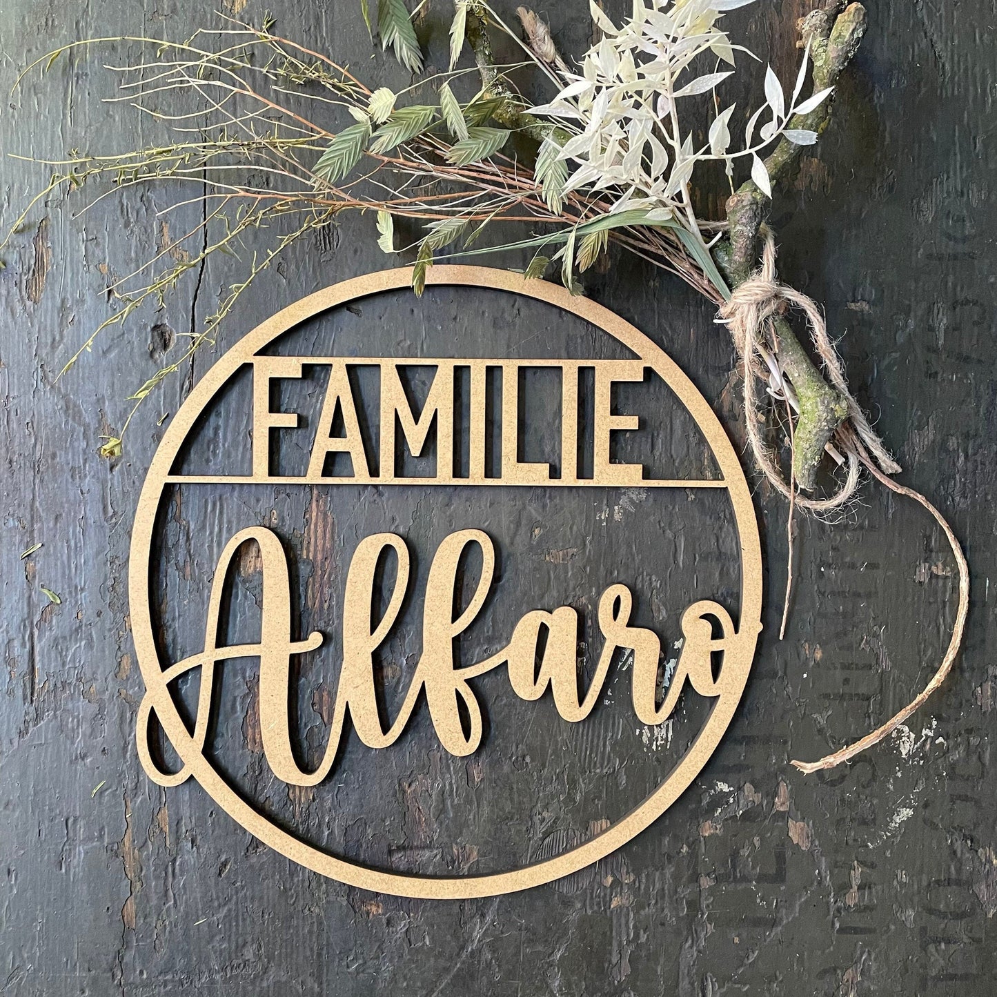Türkranz, Fensterkranz, Familienschild, Familienname, rundes Türschild, Holzschild, personalisiert