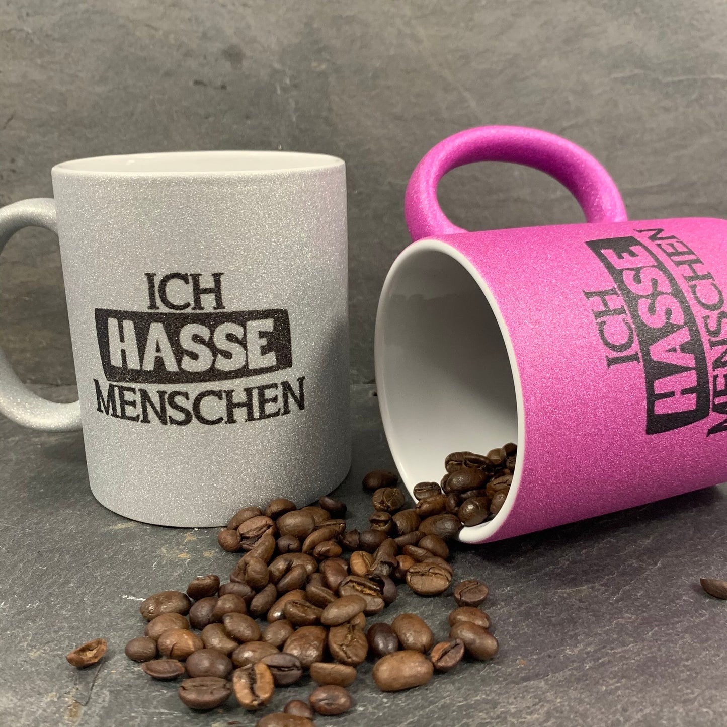 Ich hasse Menschen Glitzer Tasse in pink, silber oder schwarzweiß, Kaffeetasse, Kaffeebecher