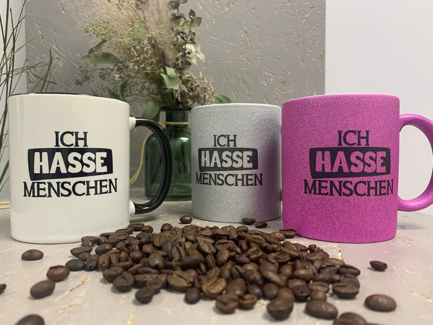 Ich hasse Menschen Glitzer Tasse in pink, silber oder schwarzweiß, Kaffeetasse, Kaffeebecher