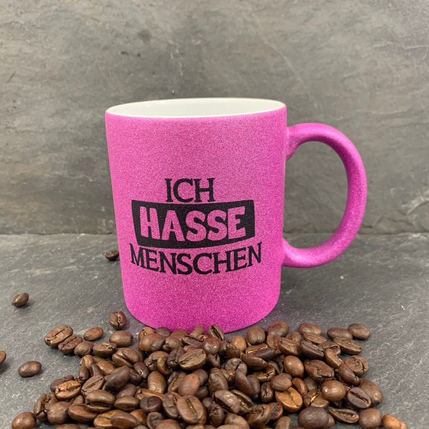 Ich hasse Menschen Glitzer Tasse in pink, silber oder schwarzweiß, Kaffeetasse, Kaffeebecher