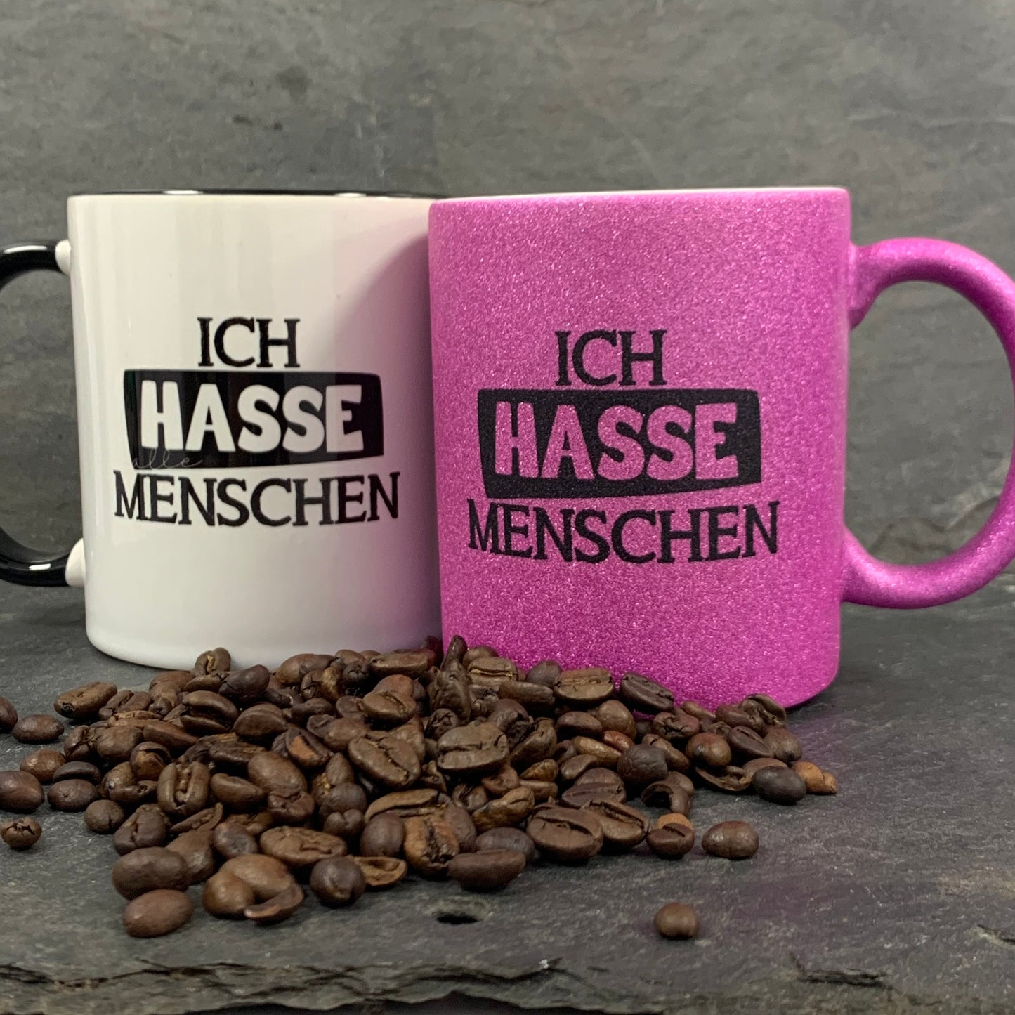 Ich hasse Menschen Glitzer Tasse in pink, silber oder schwarzweiß, Kaffeetasse, Kaffeebecher