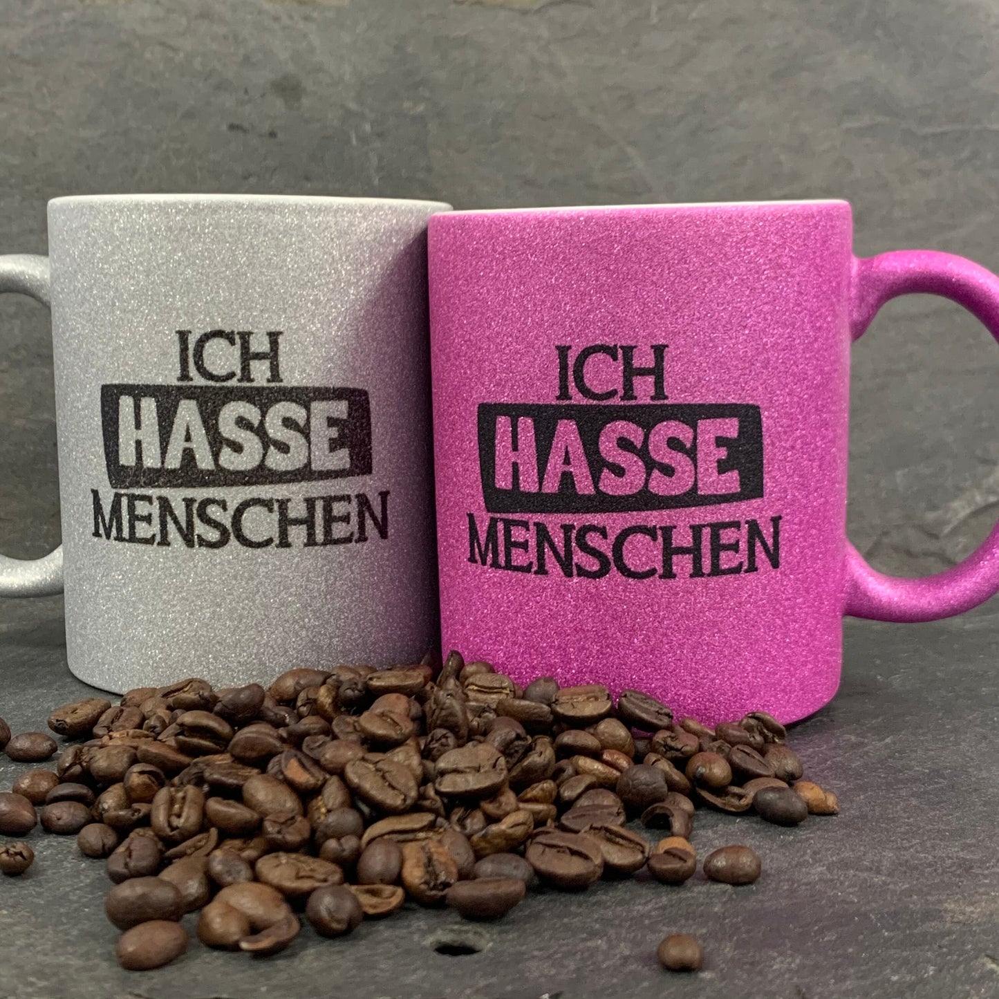 Ich hasse Menschen Glitzer Tasse in pink, silber oder schwarzweiß, Kaffeetasse, Kaffeebecher