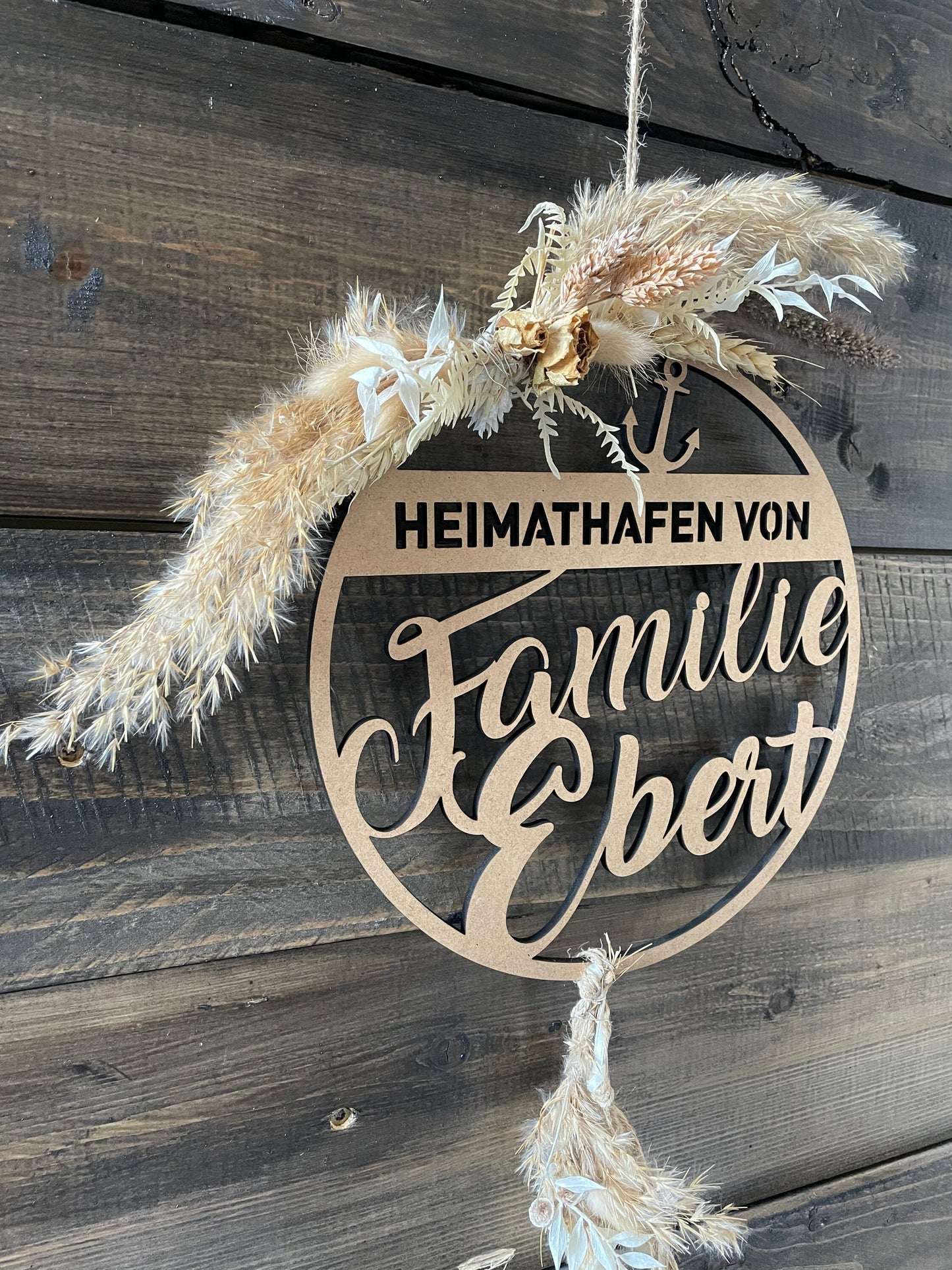 Heimathafen Türkranz, Familie, Trockenblumenkranz, Familienschild, Türschild, personalisiert