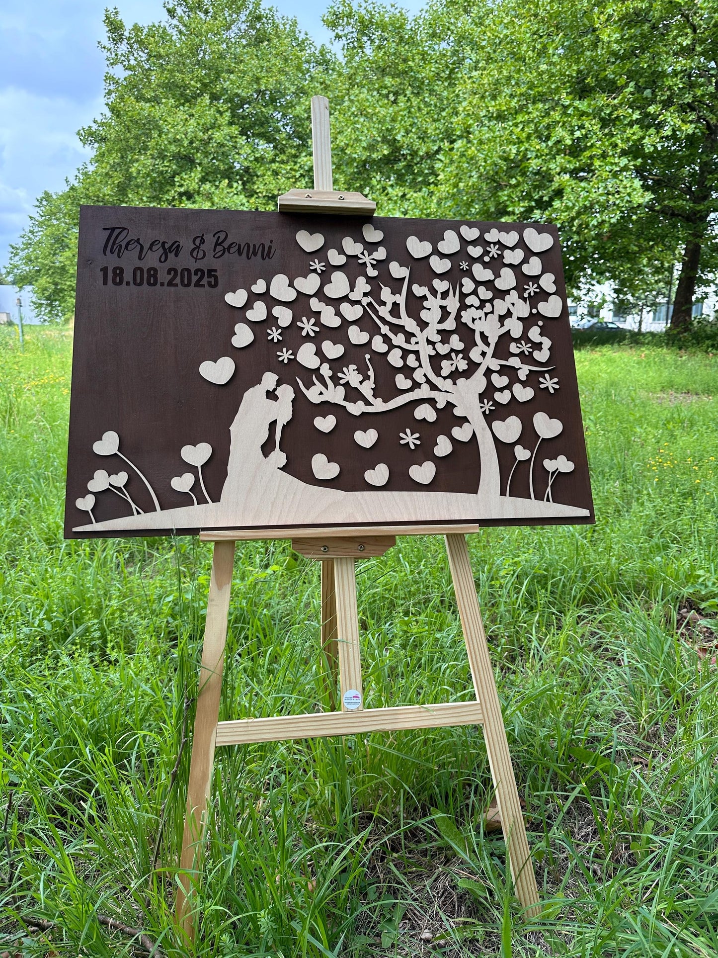 Gästebuch Hochzeitspaar mit 3D Effekt aus Echtholz, 90 x 60 cm, Hochzeitsbaum