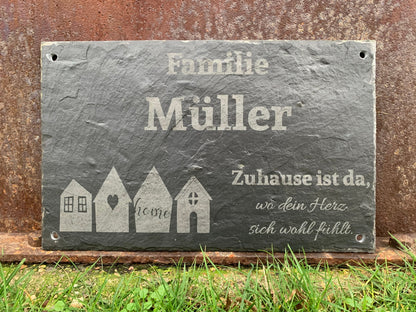Türschild personalisiert Naturschiefer | Namensschild | Familienschild | Eigenheim | Haustürschild für Eingangsbereich