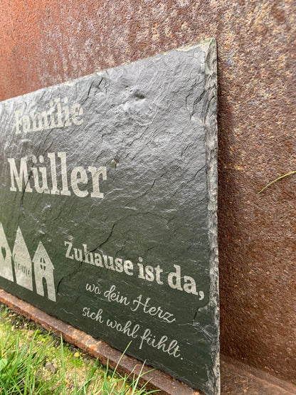 Türschild personalisiert Naturschiefer | Namensschild | Familienschild | Eigenheim | Haustürschild für Eingangsbereich
