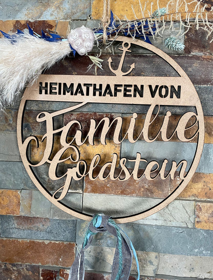 Heimathafen Türkranz, Familie, Trockenblumenkranz, Familienschild, Türschild, personalisiert