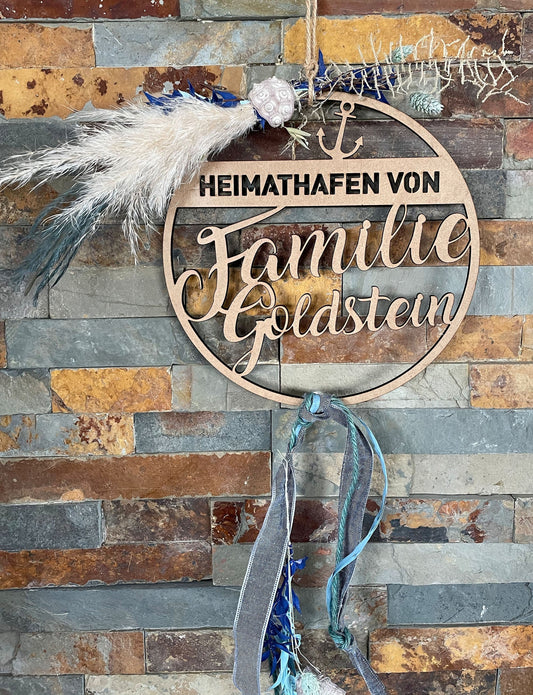 Heimathafen Türkranz, Familie, Trockenblumenkranz, Familienschild, Türschild, personalisiert