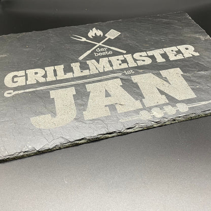 Grillmeister Papa, personalisierbar, Servierplatte, Grillen, Schiefertafel, Naturschieferplatte, gravierte Schiefertafel