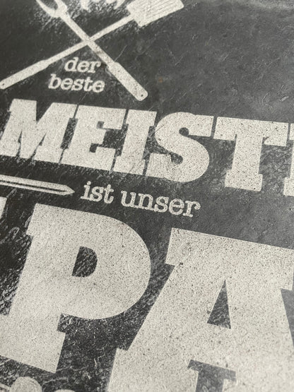 Grillmeister Papa, personalisierbar, Servierplatte, Grillen, Schiefertafel, Naturschieferplatte, gravierte Schiefertafel