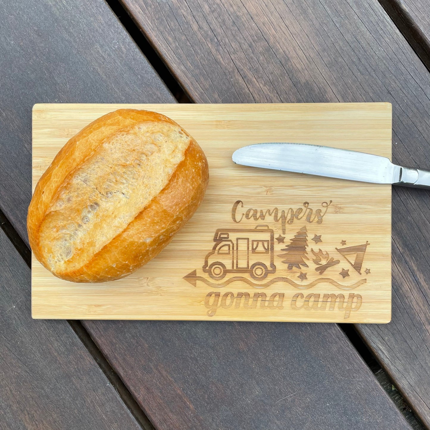 Frühstücksbrettchen Camping aus Bambusholz | Schneidebrett | personalisierbar