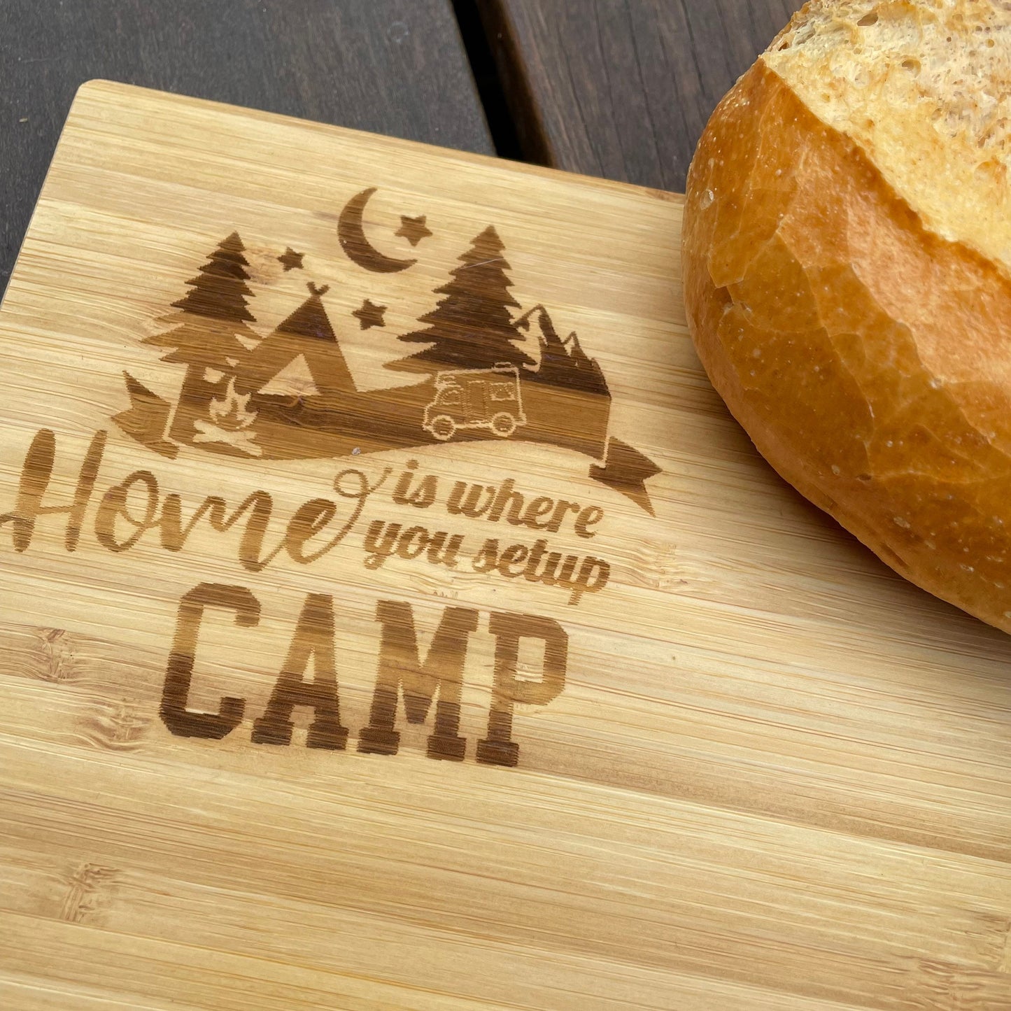 Frühstücksbrettchen Camping aus Bambusholz | Schneidebrett | personalisierbar
