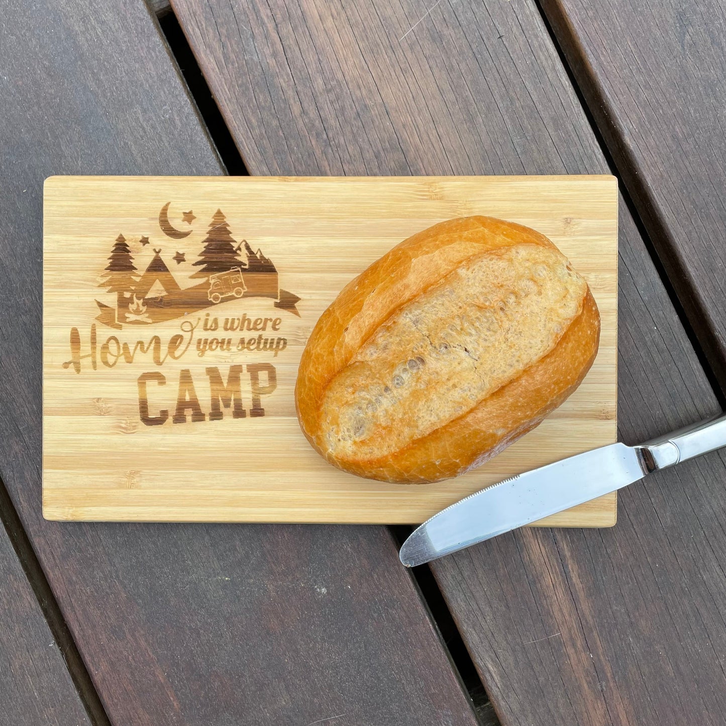 Frühstücksbrettchen Camping aus Bambusholz | Schneidebrett | personalisierbar
