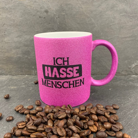Ich hasse Menschen Glitzer Tasse in pink, silber oder schwarzweiß, Kaffeetasse, Kaffeebecher