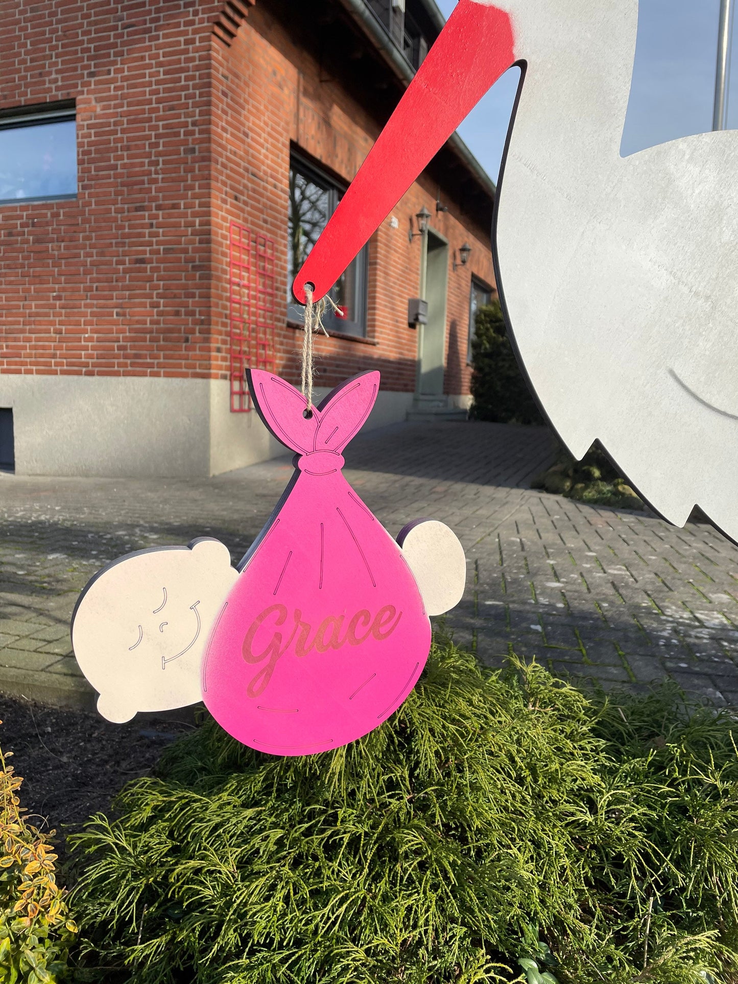 Personaliserter Klapperstorch aus Holz Baby-Ankündigung mit Gravur Geburtsgeschenk  Deko für Garten, Geburt Baby