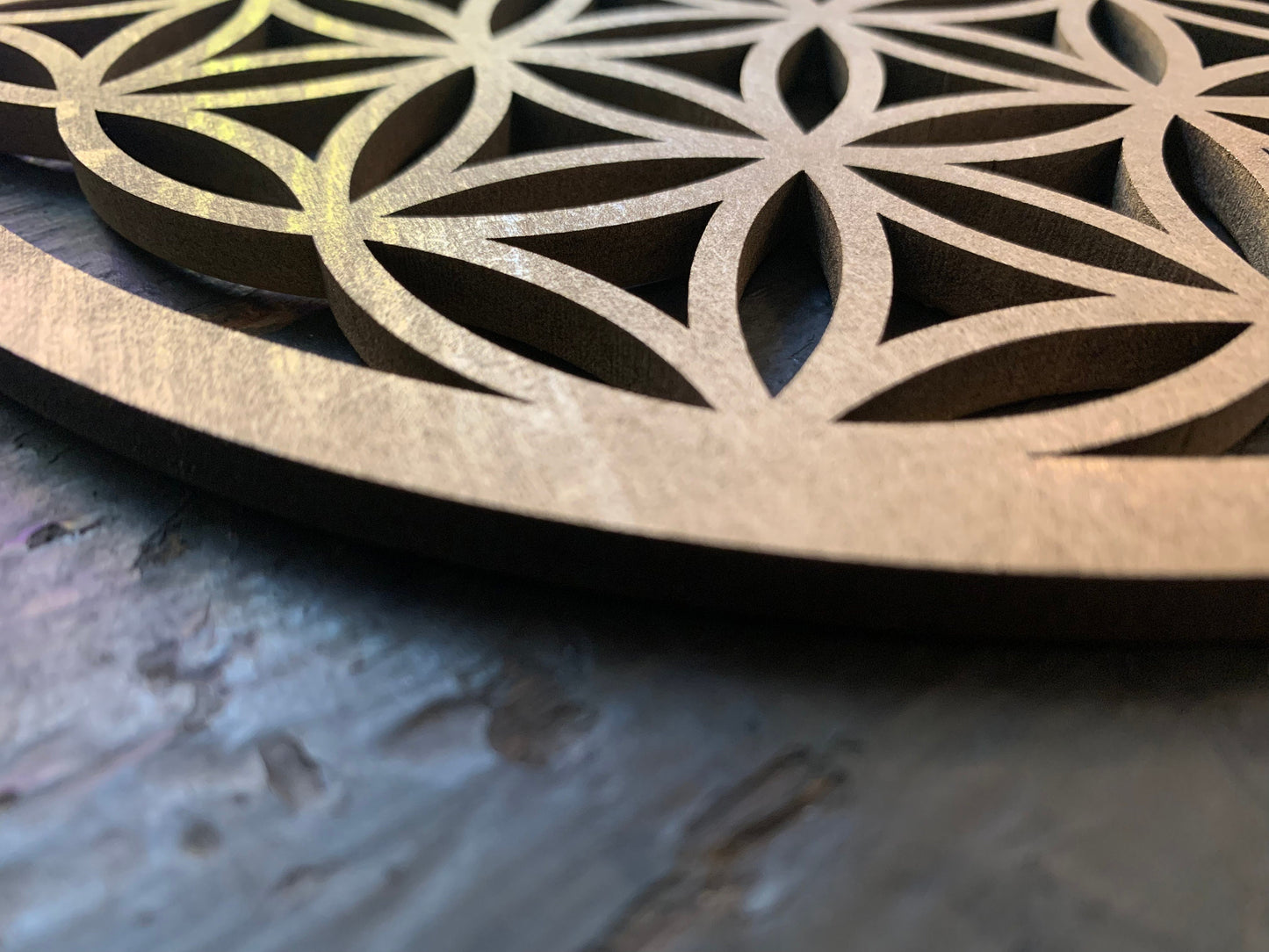 Blume des Lebens, 6mm, Wanddeko Wandkunst aus Holz Heilige Geometrie Holzblume Lithotherapie Nachladen - Ruhige Steine