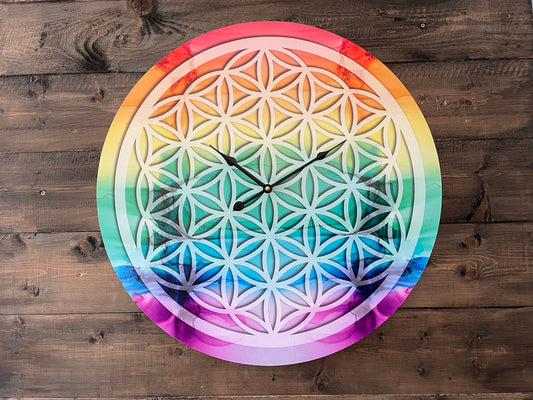 Wanduhr Blume des Lebens 60cm, Wanddeko Wandkunst, Heilige Geometrie