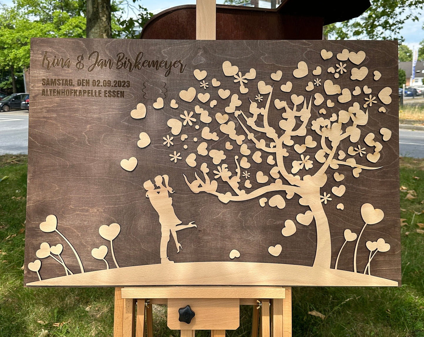 Gästebuch Baum Hochzeit, mit 3D Effekt aus Echtholz, 90 x 60 cm, Hochzeitsbaum