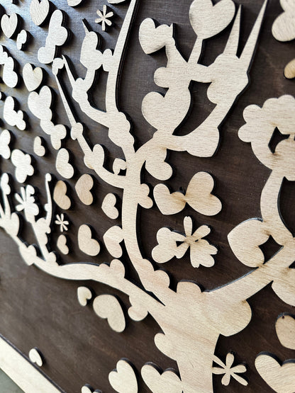 Gästebuch Baum Hochzeit, mit 3D Effekt aus Echtholz, 90 x 60 cm, Hochzeitsbaum