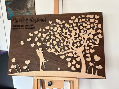 Gästebuch Baum Hochzeit, mit 3D Effekt aus Echtholz, 90 x 60 cm, Hochzeitsbaum