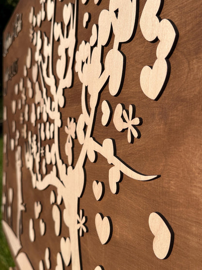 XL Gästebuch Baum Hochzeit, mit 3D Effekt aus Echtholz, 120 x 80 cm, Hochzeitsbaum