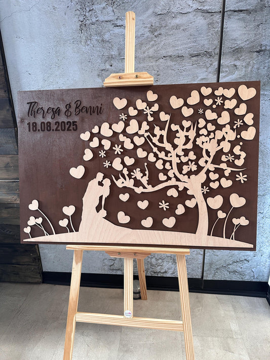 Gästebuch Hochzeitspaar mit 3D Effekt aus Echtholz, 90 x 60 cm, Hochzeitsbaum