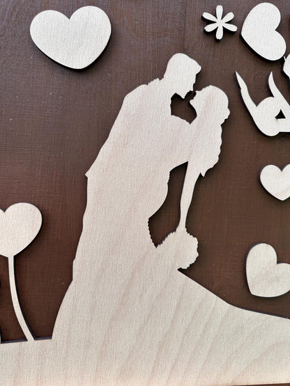 Gästebuch Hochzeitspaar mit 3D Effekt aus Echtholz, 90 x 60 cm, Hochzeitsbaum